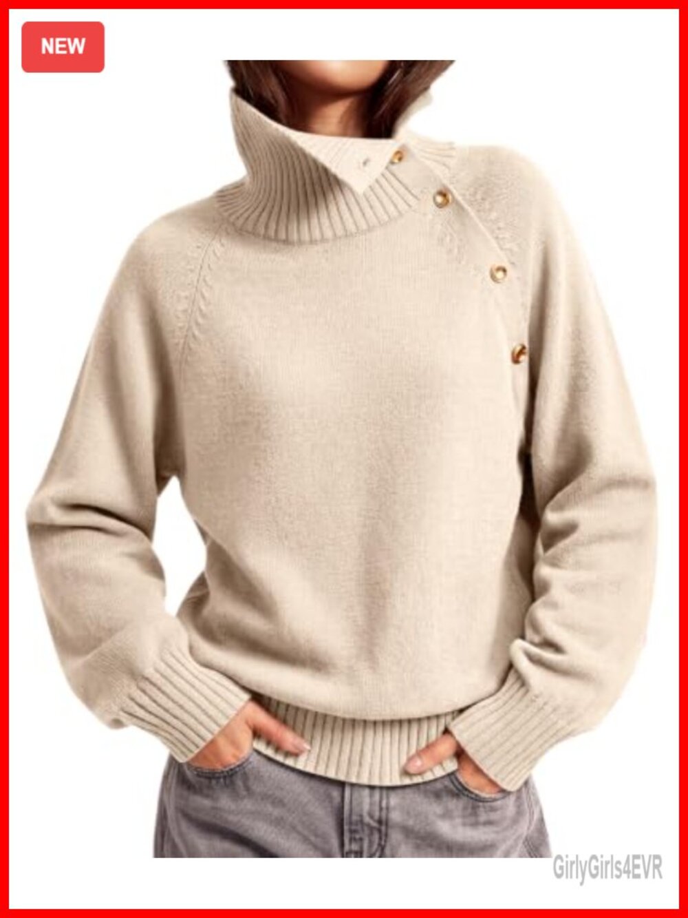 Oversized Turtleneck Knit Sweater 3-Way Gold Button Pullover Fall Winter